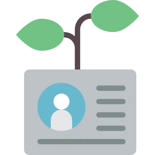 Badge_Leaves - hrEdge Consulting Gray ID badge with a user avatar on a blue circle, topped by a sprouting plant symbolizing growth or employee development.