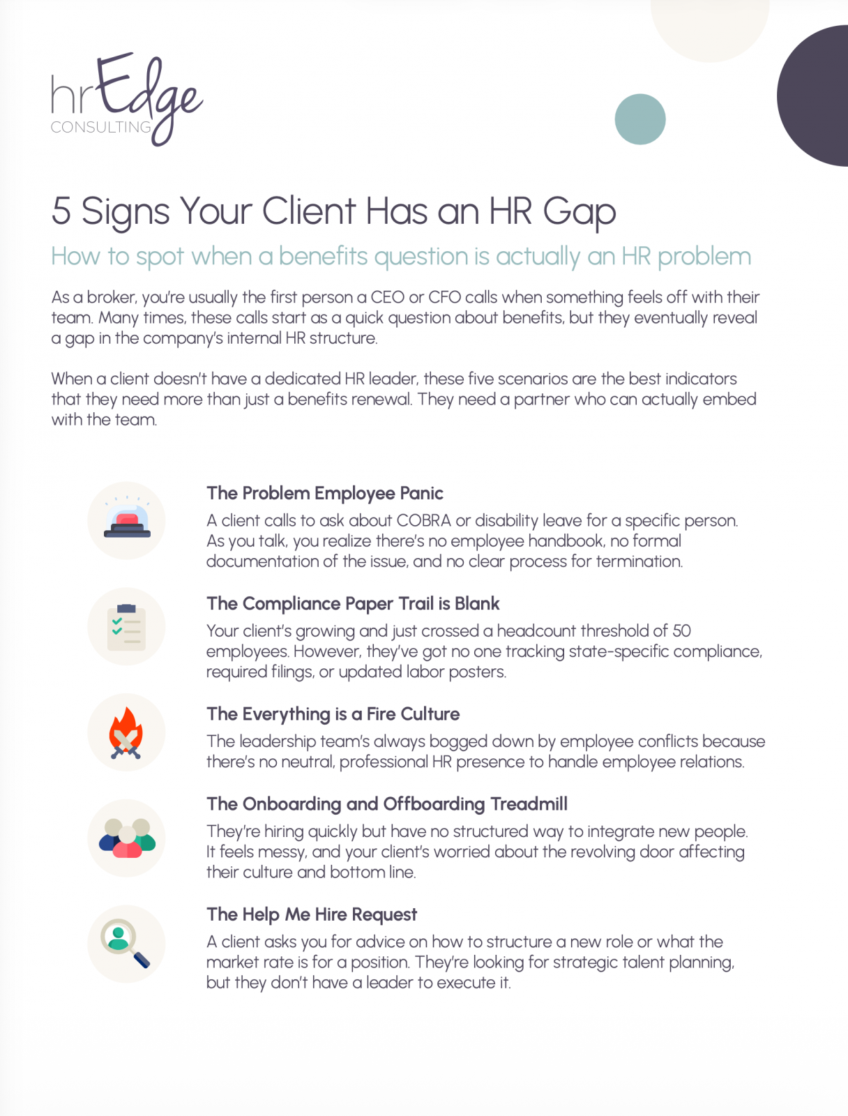 Header image for an article: '5 Signs Your Client Has an HR Gap' with subtitle about spotting HR issues, plus decorative color circles in the top-right corner.