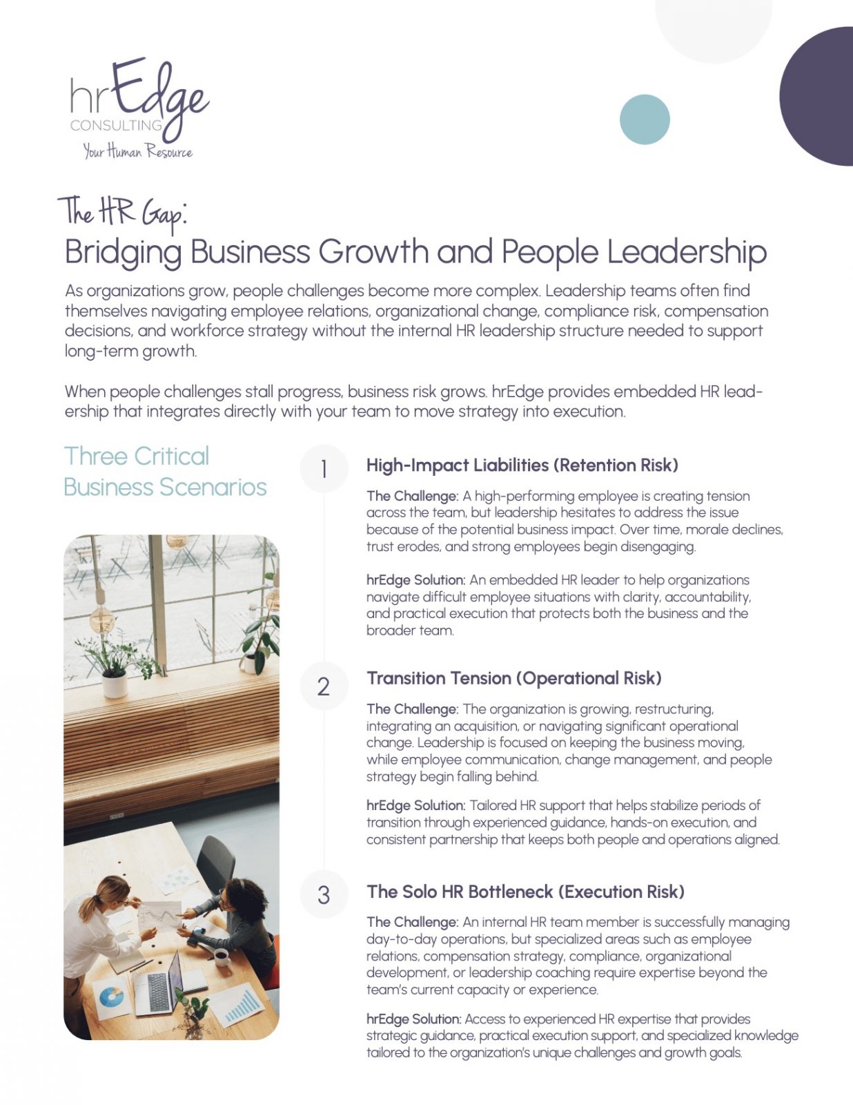 Infographic cover for hrEdge Consulting titled 'The HR Gap: Bridging Business Growth and People Leadership' with decorative circles on a white background and logo in the corner on the left.
