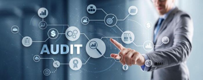 Business professional in a suit points at a holographic audit network with icons for charts, gears, and data analytics, all in blue tones.
