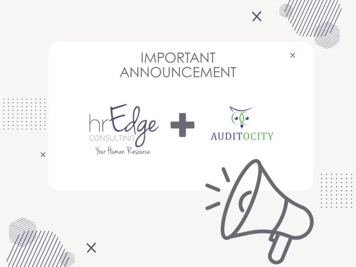 Important announcement banner showing HR Edge Consulting and Auditocity logos with a plus sign, plus decorative megaphone graphic in the corner.